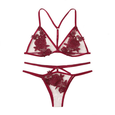

Temptation Transparent Lace Strap Socks Suit Sexy Sling Lingerie Set Sexy Three-point Suit For Women Wine Red 3XL