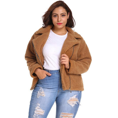 

Women Plus Size Winter Coat Jacket Fleeces Notched Collar Zip Up Warm Furry Faux Fur Casual Overcoat Outwear