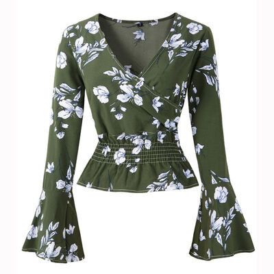 

Casual Long Sleeve Women Blouse&Tops Floral Print Shirts New Autumn Women Shirt Flare Sleeve V-Neck Tops For Women