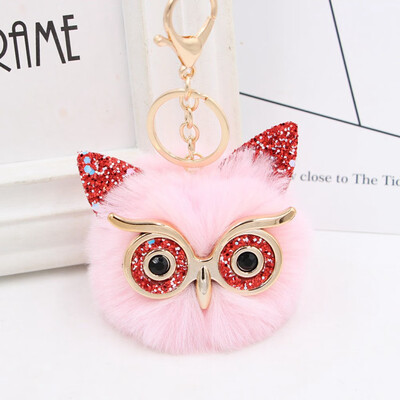 

Women Owl Faux Rabbit Fur Fluffy Key chain Key Ring Pompom Ball Pendant Cute