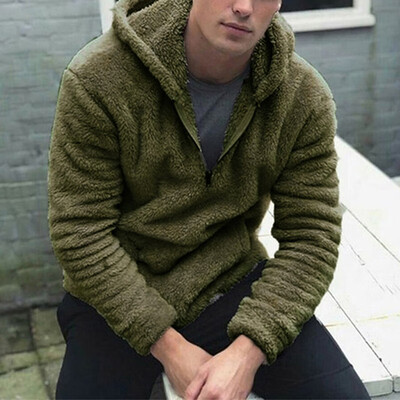 

Men Casual Thick Warm Solid Color Tops Hooded Pocket Pullover Zipper Sweater