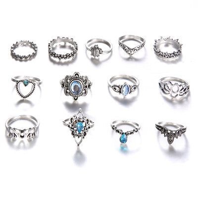 

Fashion Accessories Vintage Silver Alloy Carved Flower Crown Starry Jewel 13 Pieces Set Of Finger Rings For Women Party Jewelry