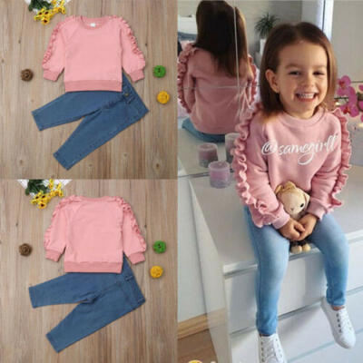 

Kids Baby Girl Winter Warm 2Pcs Outfit Clothes Ruffle Tops Shirt Denim Pants Set