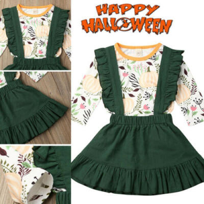 

Kids Baby Girls Halloween Pumpkin Clothes Tops Suspender Skirt Outfits Set CUTE