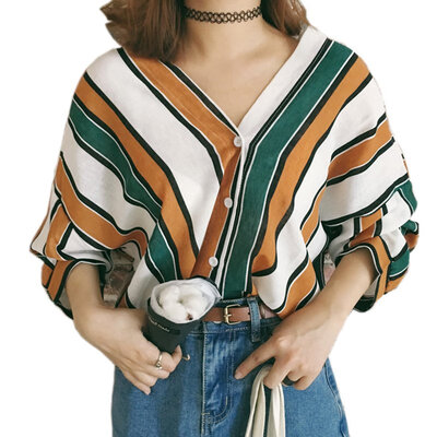 

Women Bohemian V-neck Summer Sweet Full Sleeve Loose Casual Striped Print Blouse