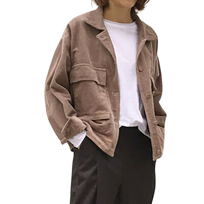 

2020 New Women Spring Autumn Lapel Long-Sleeved Solid Color Coat Loose Casual Pocket Corduroy Jacket