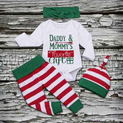 

UK Baby Girl Boy Newborn First Christmas Clothes Romper Stripe Pants Outfit 4PCS