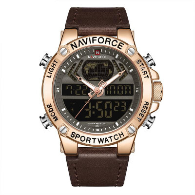 

NAVIFORCE Leather Band Quartz Electronic Wristwatch Professional 3ATM Water Resistant GMT Time Multifunctional Luminous Double Mov