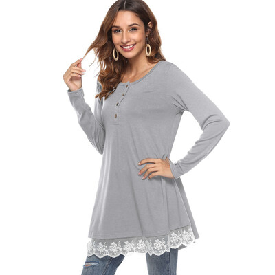 

2018 women tops Autumn sexy Casual Long Sleeve cover up O-Neck Button Solid Lace Shirt tops&blouses