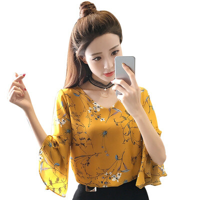 

Womens V Neck Half Flare Sleeve Floral Print Blouse Sweet Chiffon Korean Style Shirts Female Plus Size 3xl New Arrival