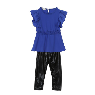 

New Fashion Kid Girls Clothes Suit Blue Shirt DressBlack Leggings Children Clothing Set L07