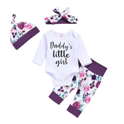 

Babys Sets Four Piece Girls Letter Printing Long Sleeved Bodysuit Trousers Hat Hairband Spring And Autumn New