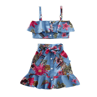 

Baby Girls Set Casual Summer Strap Pint Tops BlouseSkirts With Belt Suits Costume Set