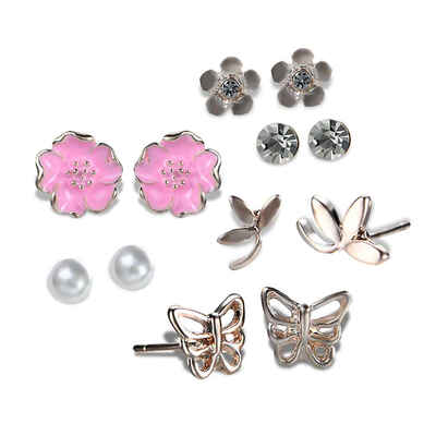 

Pink Metal Flower Butterfly Shape Rhinestone Crystal Earrings Geometric Pearl Ear Stud Set
