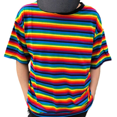 

Loose Women Fashion Rainbow Striped T-Shirt Short Sleeve Round Neck Tee Top