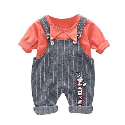 

Toddler Newborn Boy Girl Cute Autumn Outfits Long Sleeve Blouse TopStrap Striped Trousers Casual Sets Bib Pants