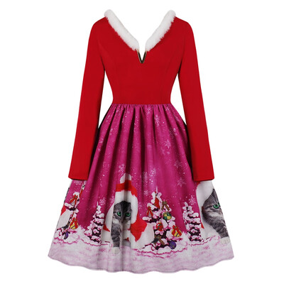 

V-neck Christmas Print Vintage Dress for Women