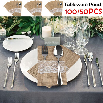 

50100PCS Hessian Burlap Lace Jute Wedding Tableware Pouch Cutlery Holder Bag Party Decor