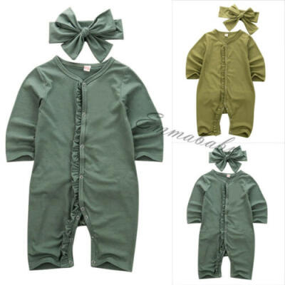 

Solid Color Baby Newborn Cotton Clothes Romper Long Sleeve Jumpsuits Headband