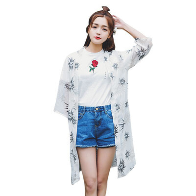 

blusas mujer de moda 2019 Womens Blouse Mid-Length Chiffon Print Sun Protection Clothing Seven-Point Sleeve Holiday Cardigan