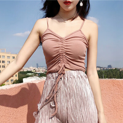 

Summer Women Deep V Neck Camis Elastic Bottoming Bow Sleeveless Knitted Female Top Female Base Tank Tops