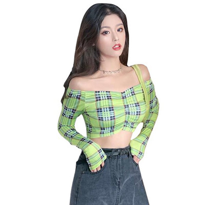 

Ladies Slash Neck Sexy Off Shoulder Crop Tops Women Fashion Plaid T-shirt Female Casual Top Korean Long Sleeve Tshirt