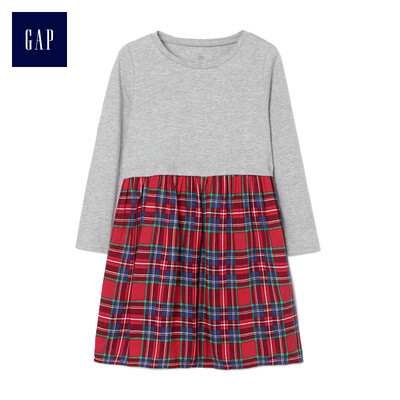 

GAP flagship store female young print round neck long sleeve stitching dress 356975 hemp gray 3YRS