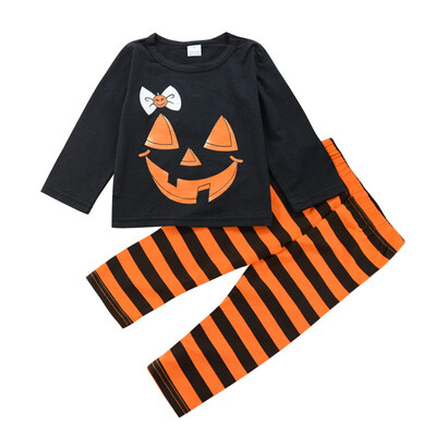 

Halloween Funny Childrens Clothing Set Black Pumpkin Long Sleeve Cartoon Shirt Striped Pants Fashion Girl Boy Clothes Set