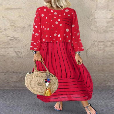 

Contrast Polka Dots Stripe Printed Pocket Long Sleeve Hem Maxi Dress