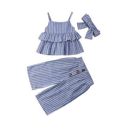 

Toddler Baby Girls Clothes off shoulder Pullover Sleeveless Strap Tops Striped Pants 2pc kids cotton Outfits Summer Hot Sale