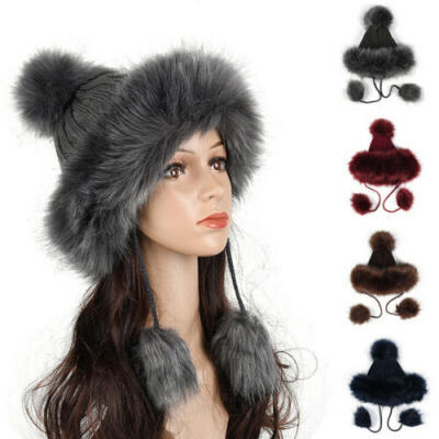 

Ladies Womens Winter Knitted Beanie Ski Hat Detachable Faux Fur Bobble Pom Pom