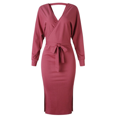 

Women Sexy V Neck Side Split Bandage Dress Autumn New Fashion Slim High Waist Winter Dress Casual Solid Elegant Ladies Dress
