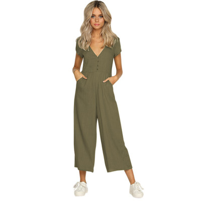 

2018 Summer New Fashion Women Clothing Rompers Deep V collar Ankle-Length Pants Solid color Black White Khaki