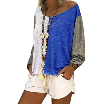 

Spring Women Plus Size Color Block Loose Long Sleeve Round Neck T-Shirt Top