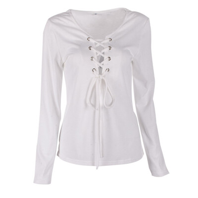 

Spring Fall Women Clothes Casual Bandage Lace Up Long-Sleeve TShirt Women Sexy Deep V T-shirts Female Tops 5 Colors LM93