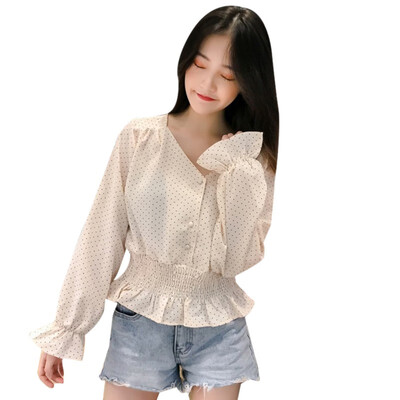 

Womens Shirt Korean V-neck Ruffled Polka Dot Tighten Long Sleeve Short Blouse Female Sweet White Tops&Blouses