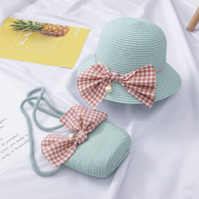 

Summer Cute Beach Bowknot Straw Sun Cap And Handbag Pearl Decoration 2pcs For Kids Girls 4-8Y Lovely Toddler Girl Wavy Hat