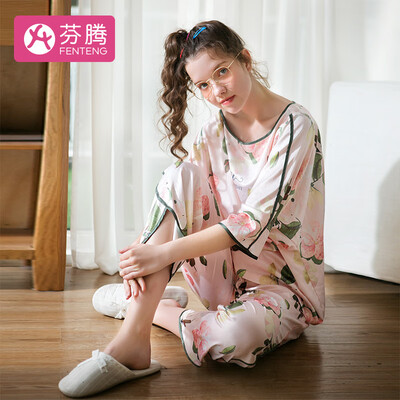 

Fen Teng 2019 spring&summer new elegant printing casual silk long sleeve pajamas ladies home service ladies pajamas J980A11203 light gray green