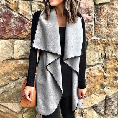 

Women Open Front Cardigan Waistcoat Sleeveless Draped Collar Autumn Spring Casual Coat Streetwear Grey
