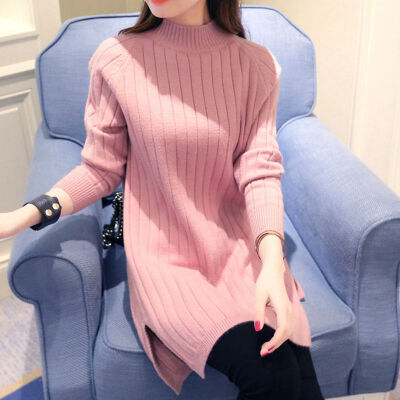 

Autumn Winter Women Mid-long Sweater Ladies Pullover Sweater Solid Color Base Knit Split Dress