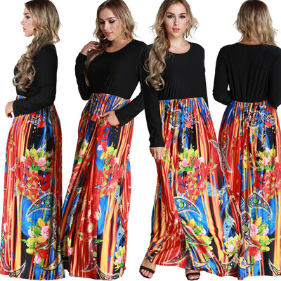 

Women Maxi Long Dress Print Long Sleeves Pockets Elastic High Waist Plus Size Autumn Dress Vestidos