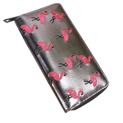 

Flamingo Embroidery Women Long Purse Card Cash Holder Faux Leather Clutch Bag