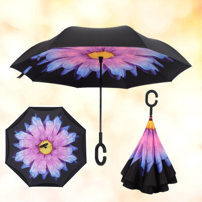 Reverse Folding Double Layer Inverted Chuva Umbrella Self Stand Inside Out Rain Protection C-Hook Hands Windproof for Car