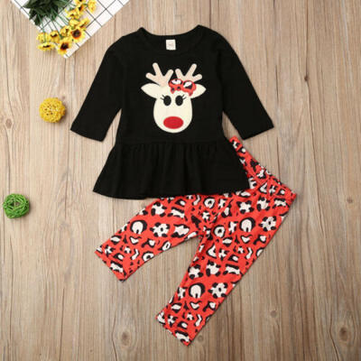 

US Baby Girl Autumn Clothes Christmas Deer Tops T-shirtLeopard Pants Outfit Set