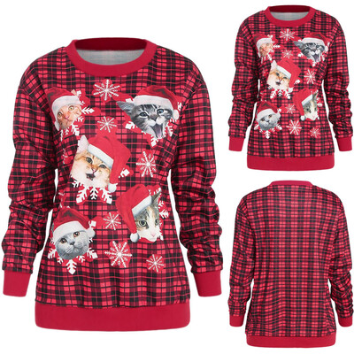 

Gobestart Women Casual Cat Snowflake Plaid Christmas Pullover Sweatshirt Top Blouse