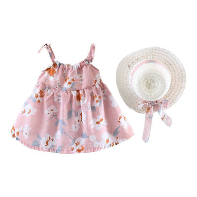 

2018 Fashion Summer Girl Flowers Straw HatBow Strap Princess Dress Children Dress Girls Clothes Set 1-4T L1
