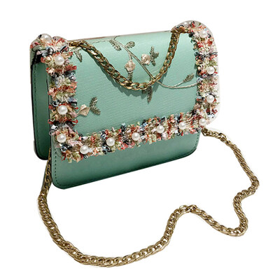 

Fashion Women Lace Flower Faux Pearl Leather Flap Chain Crossbody Shoulder Bag