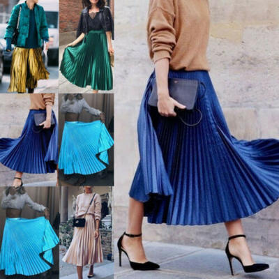 

Women Fashion High Waist Maxi Skirt Pleated Retro Long Dress Elastic Waist