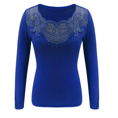 

Women O-Neck Characteristic Lace Ironing beads Tee Top Slim Fit Long Sleeve Womens Fashion Top