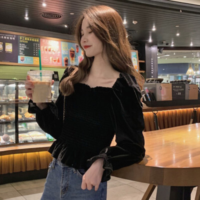 

Women Autumn One-word Shoulder Ruffled Long Sleeve T-shirt Black Slim Vintage Grunge Aesthetic Tee Trendy Clothes